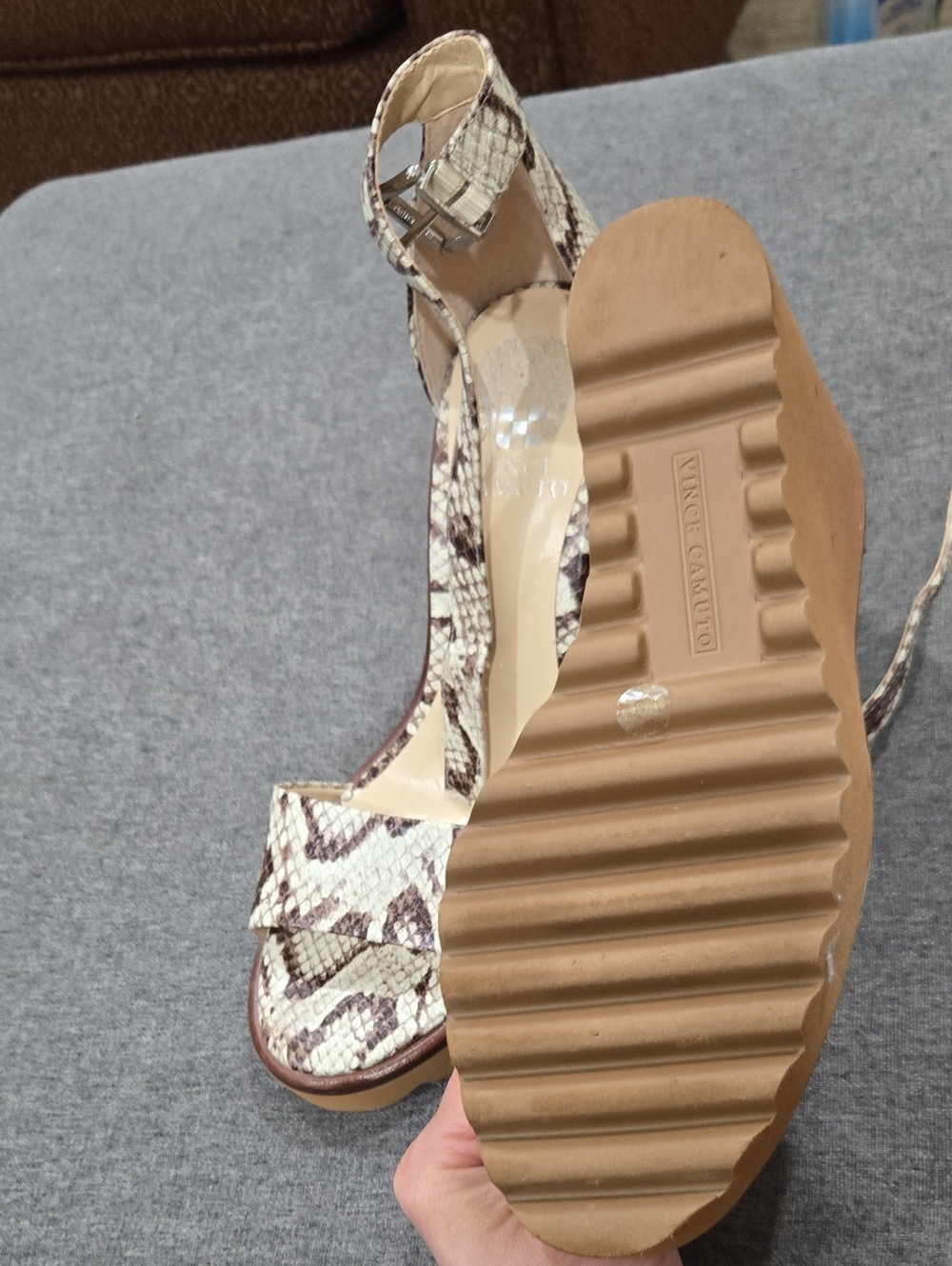 Vince Camuto Cream and Brown Snakeskin Platform Wedge Sandals